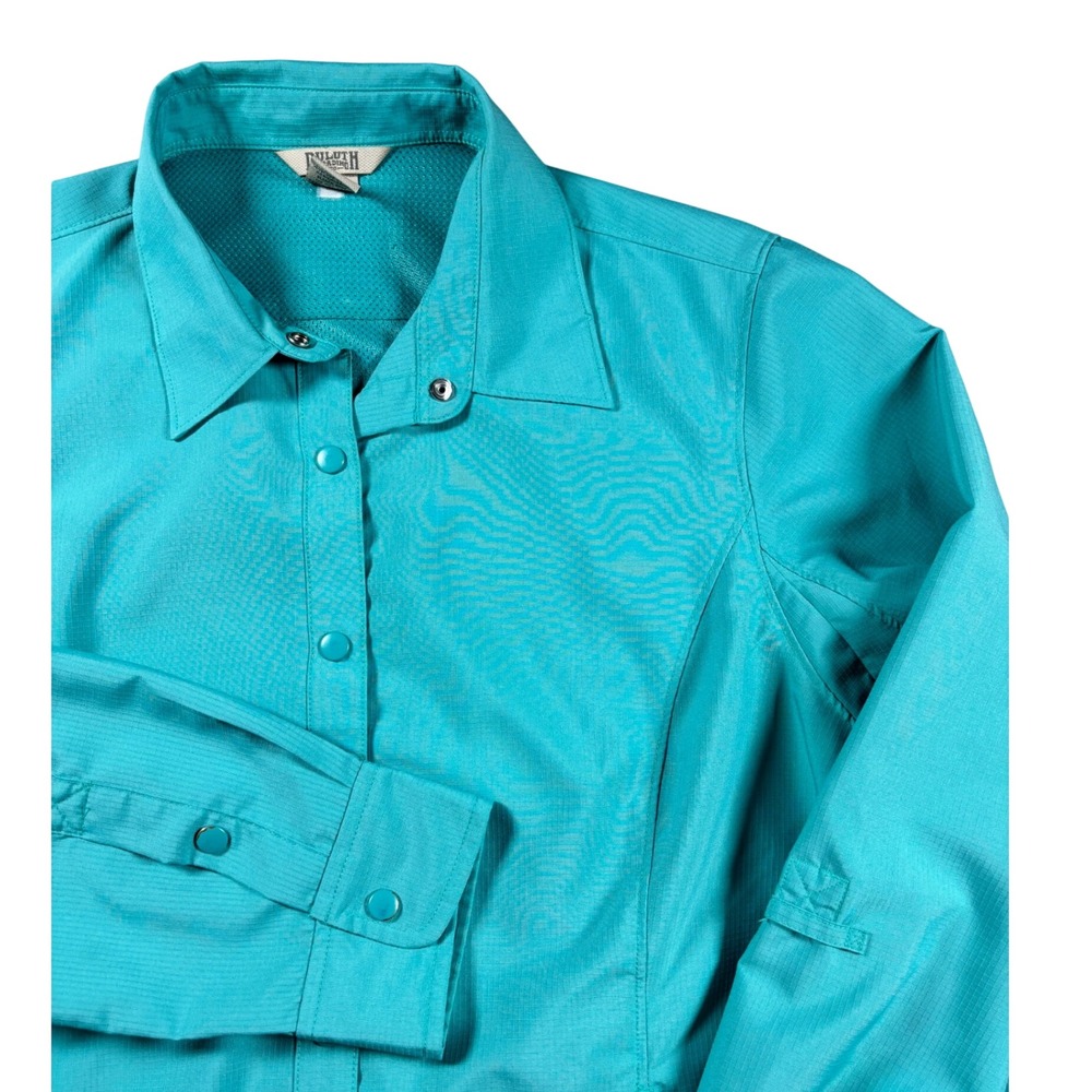 Duluth Trading Co Womens L Teal Ripstop CoolPlus Long Sleeve Snap Button Shirt